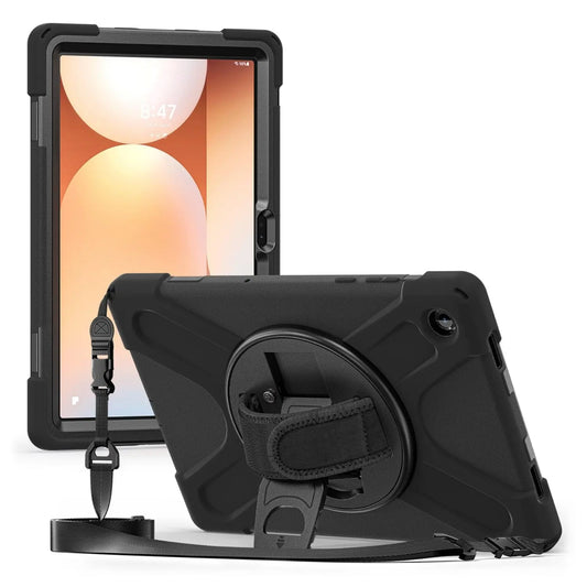 Black heavy-duty tablet case for Galaxy Tab A9+, featuring a rotatable hand strap, kickstand, and detachable strap.