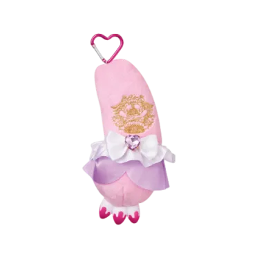Pink Gloomy Bear arm plush keychain with heart carabiner, white and lavender ruffles, and a gold emblem detail.