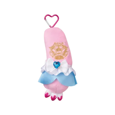 Pink plush Gloomy Bear arm with gold embroidery, blue tutu, white bow, heart gem, and pink heart-shaped carabiner.