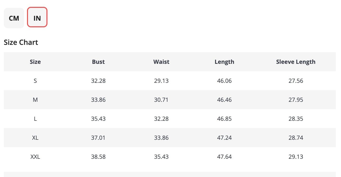 Size chart for women's clothing with bust, waist, length, and sleeve measurements in inches and centimeters.