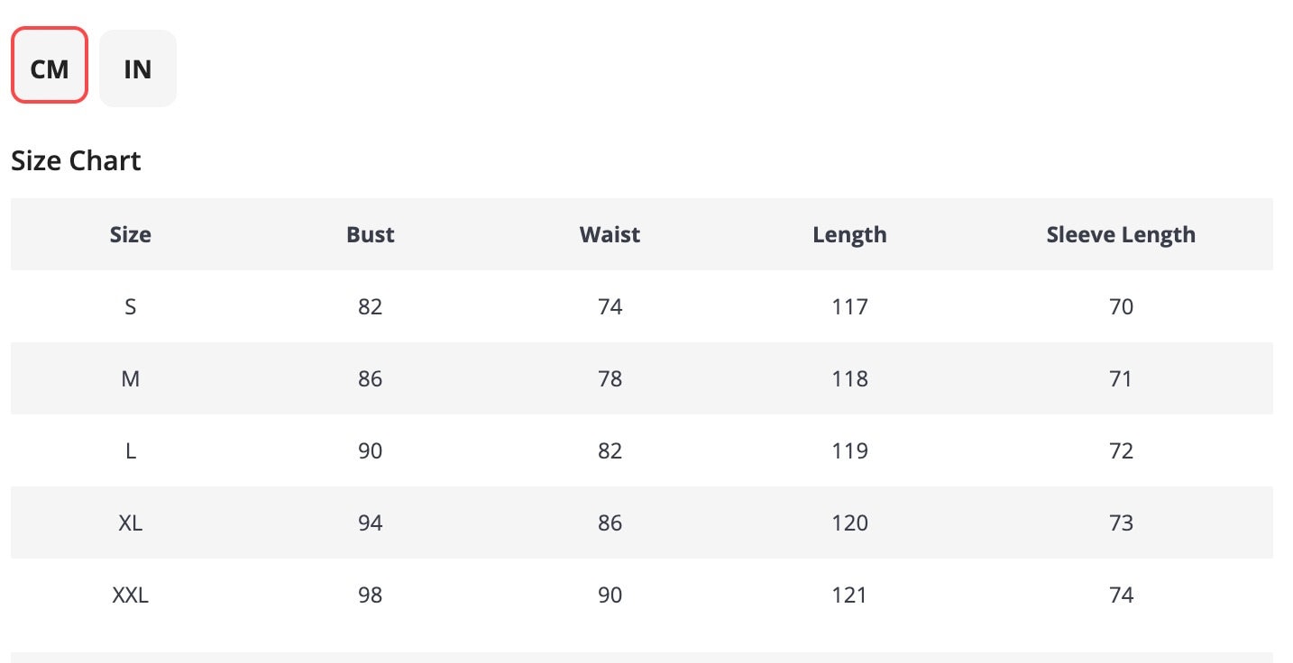 Size chart for women's clothing in centimeters and inches, featuring bust, waist, length, and sleeve length measurements.