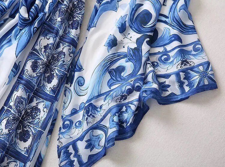 Blue and white floral patterned chiffon scarf, lightweight and elegant, perfect for spring and summer styling.
