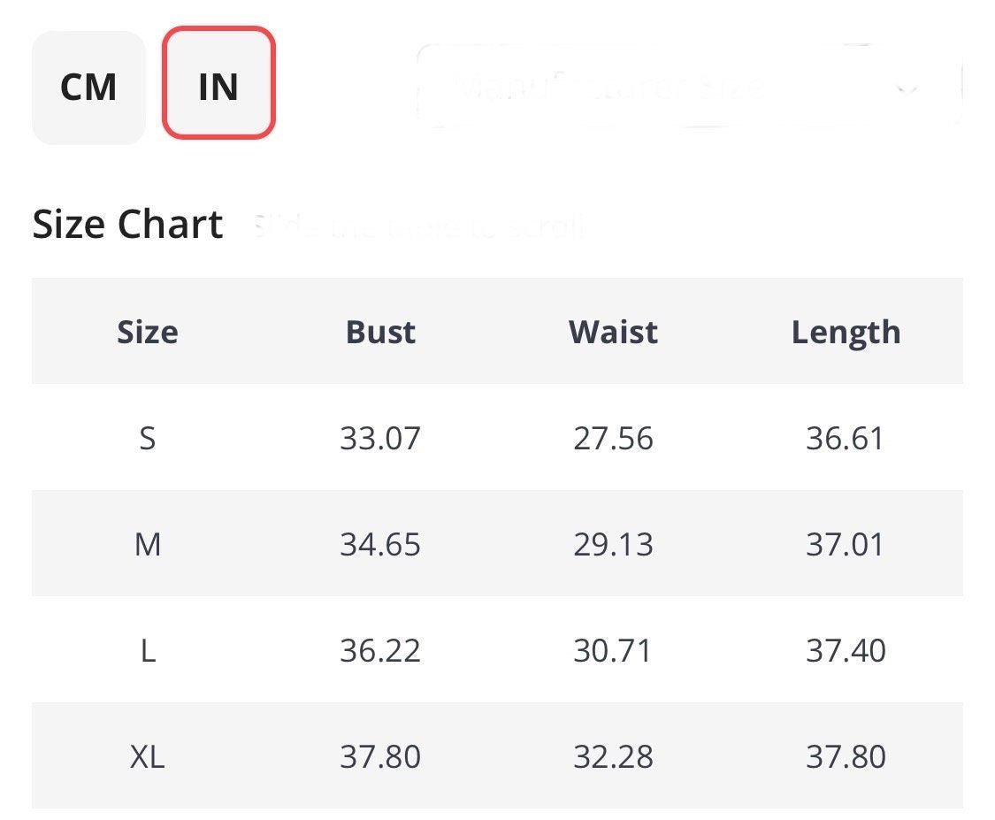 Size chart for women's clothing, detailing bust, waist, and length measurements in centimeters and inches.