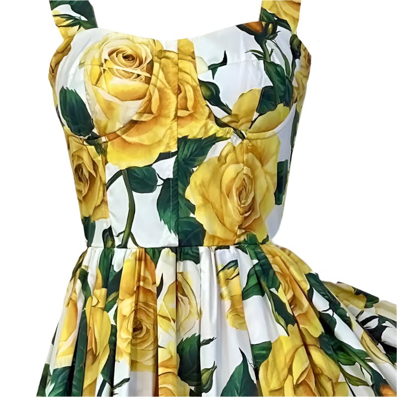 Yellow rose print dress with a fitted bodice and pleated skirt, perfect for summer events.