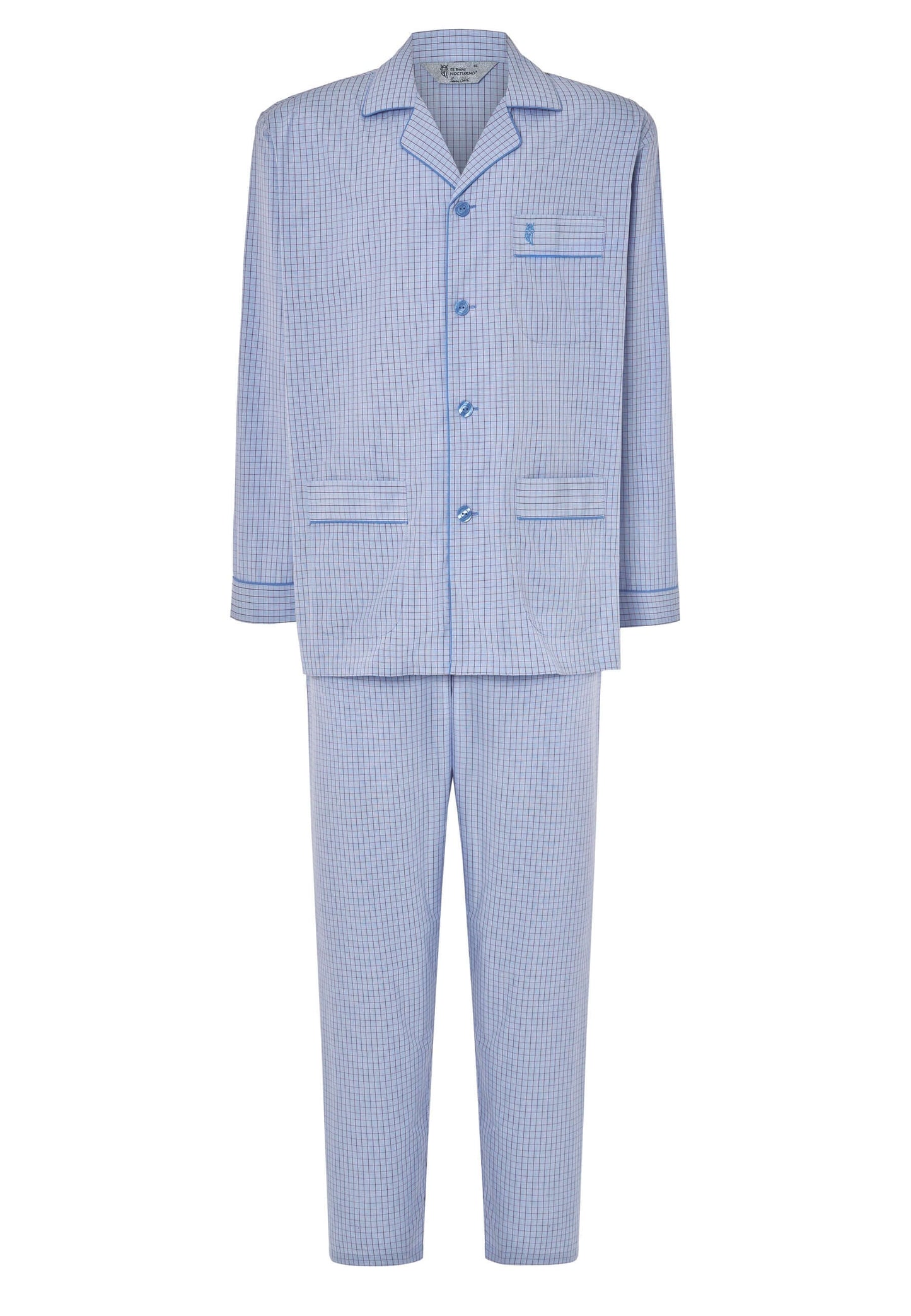 Pijama Hombre Largo Premium Solapa Popelín Cuadros - Azul 2711_30, set de pijama clásico en cuadros celestes y granates.