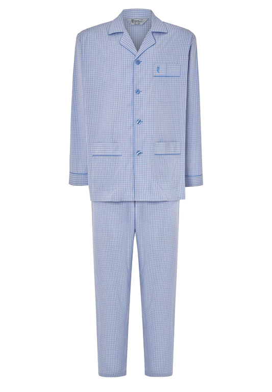 Pijama Hombre Largo Premium Solapa Popelín Cuadros - Azul 2711_30, set de pijama clásico en cuadros celestes y granates.