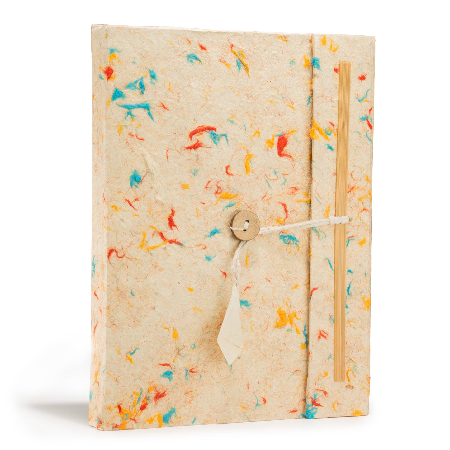 Recycled paper notebook with colorful flecks in yellow, blue, and red, featuring a wooden button and string closure.