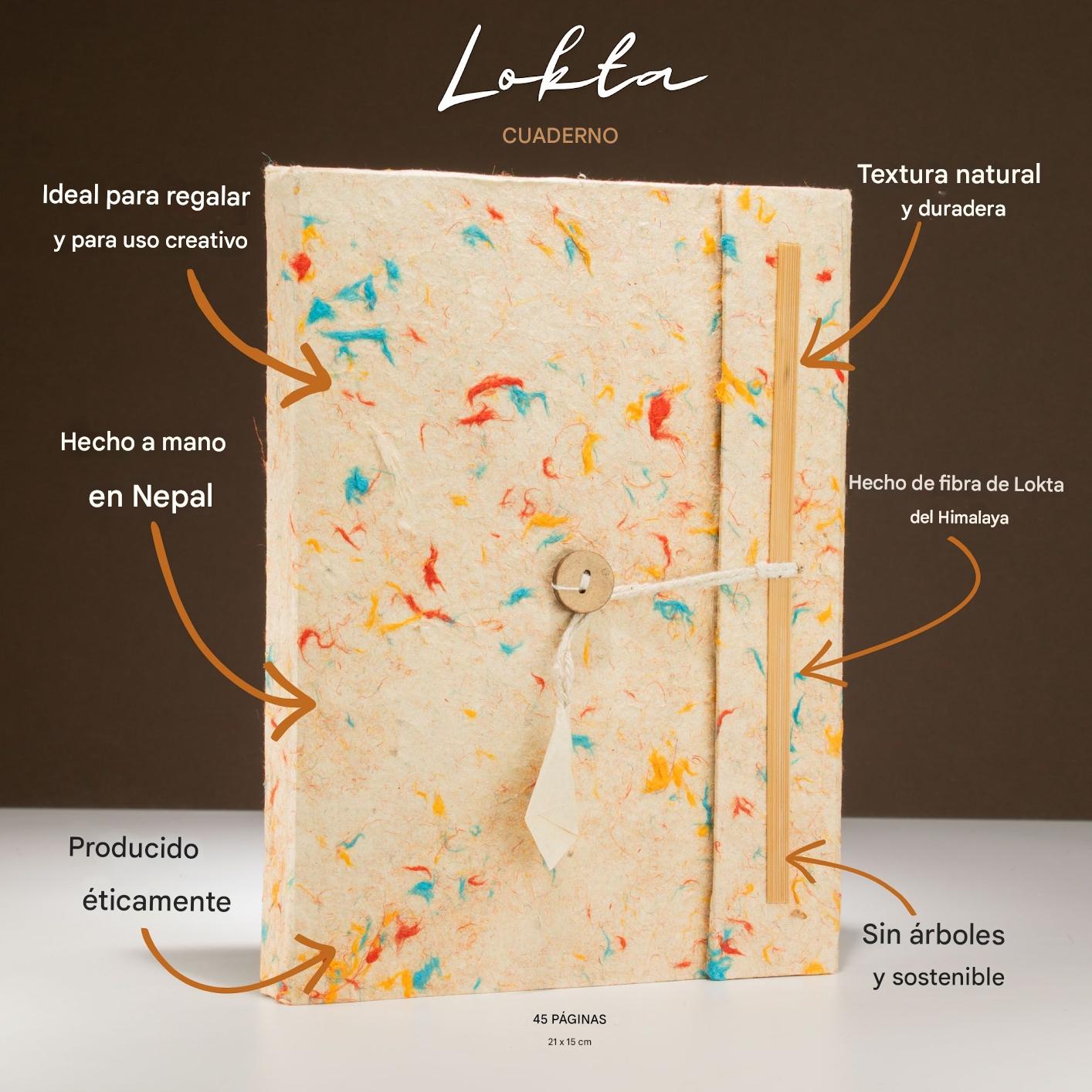Handmade Lokta notebook in cream with colorful specks, featuring a natural texture, ethical production, and 45 pages.