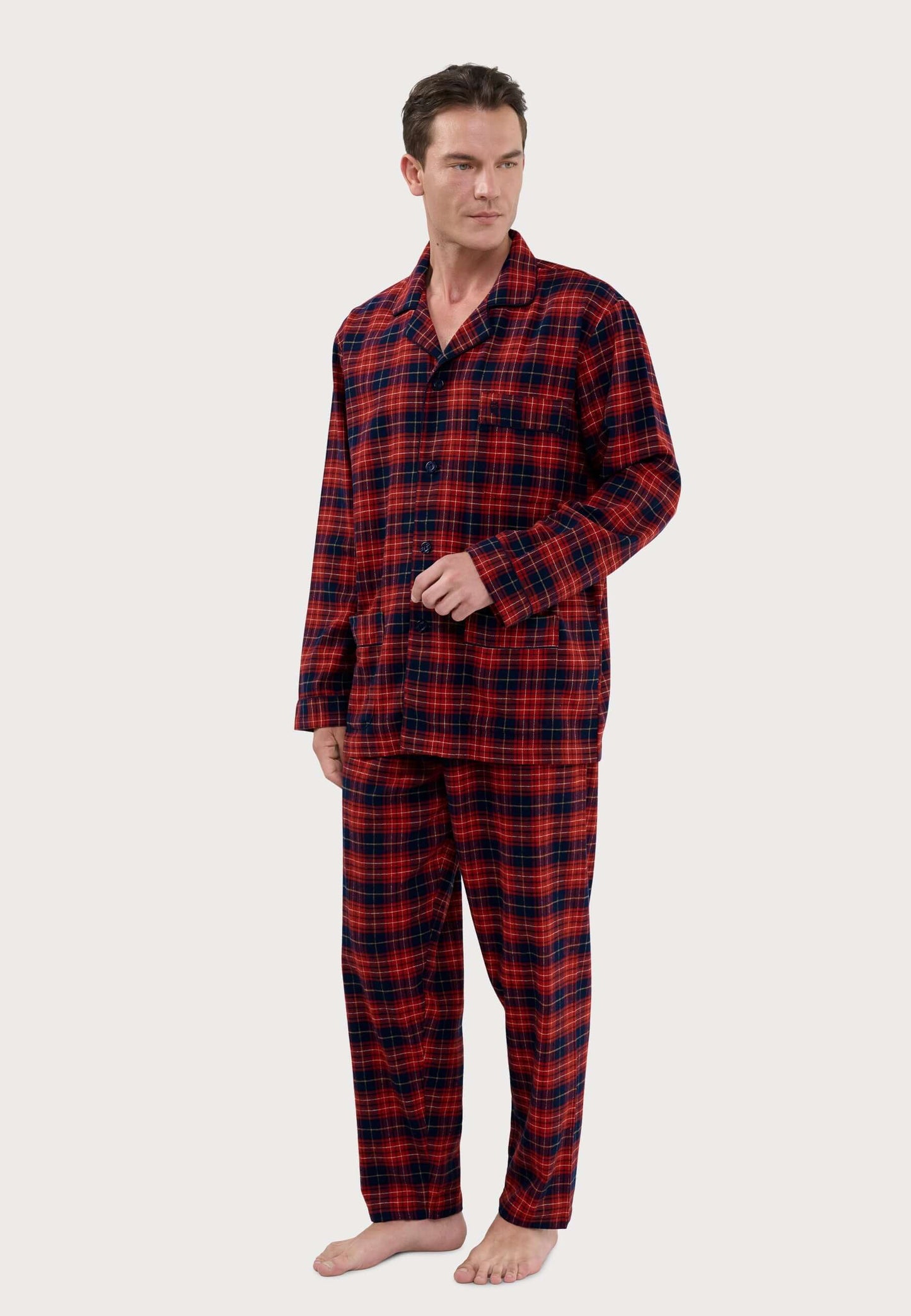 Pijama Hombre Largo Premium Solapa Algodón Franela Cuadros - Rojo 2820_94