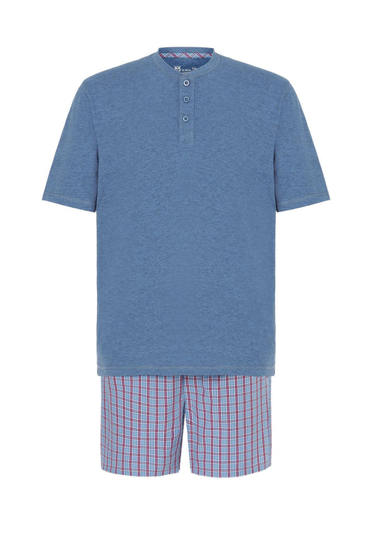 Pijama Hombre Verano Corto Tapeta Algodón Punto Liso Tela Cuadros - Azul 3603_30