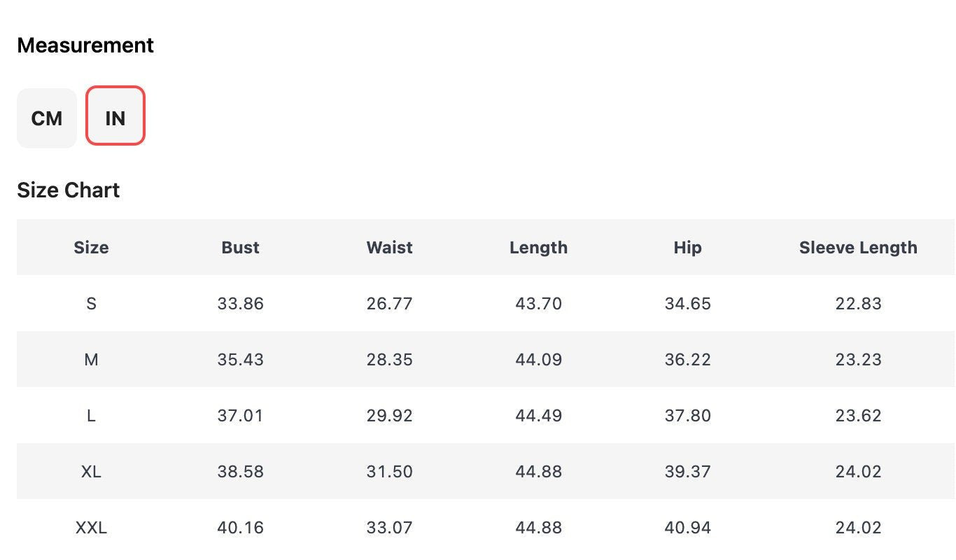 Size chart for women's clothing, displaying measurements in CM and IN for different sizes S, M, L, XL, and XXL.