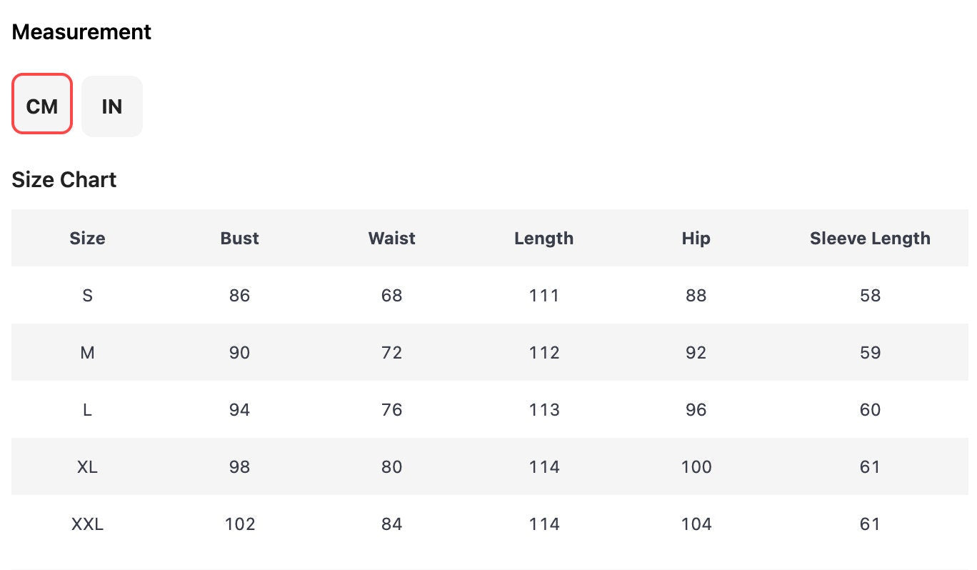 Size chart for women's clothing: bust, waist, length, hip, and sleeve measurements in cm and inches.