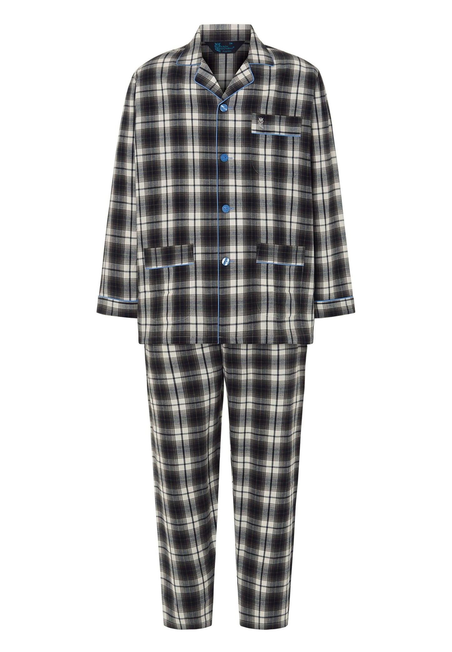 Pijama hombre invierno largo con cuadros gris, negro y blanco en franela de algodón, chaqueta con solapa y bolsillos