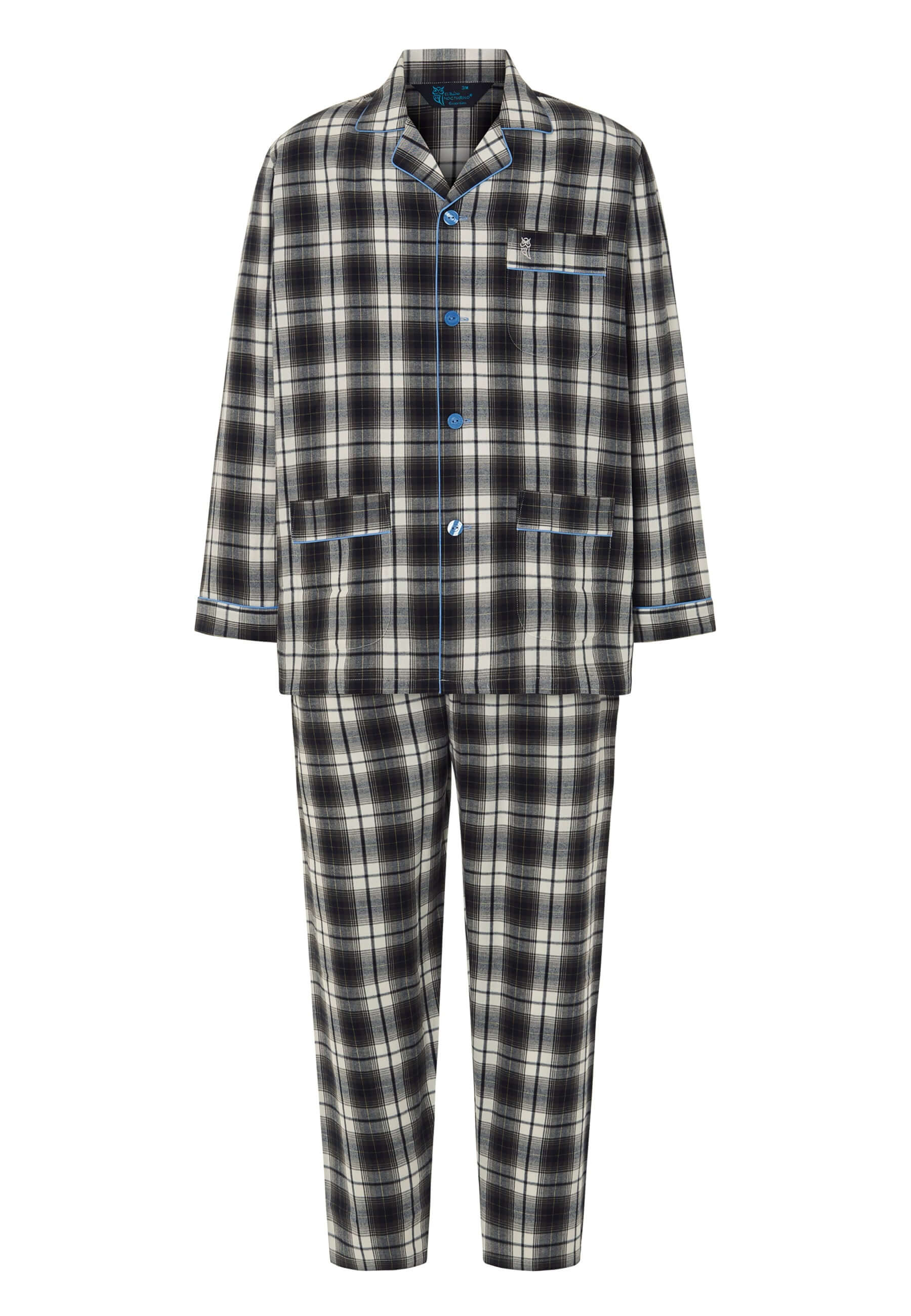 Pijama hombre invierno largo con cuadros gris, negro y blanco en franela de algodón, chaqueta con solapa y bolsillos