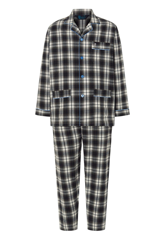 Pijama hombre invierno largo con cuadros gris, negro y blanco en franela de algodón, chaqueta con solapa y bolsillos