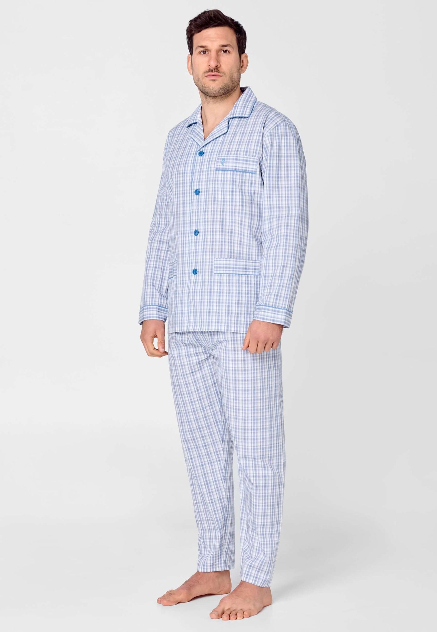 Pijama Hombre Largo Solapa Algodón Popelín Cuadros - Azul de hombre con pijama de cuadros y solapa.