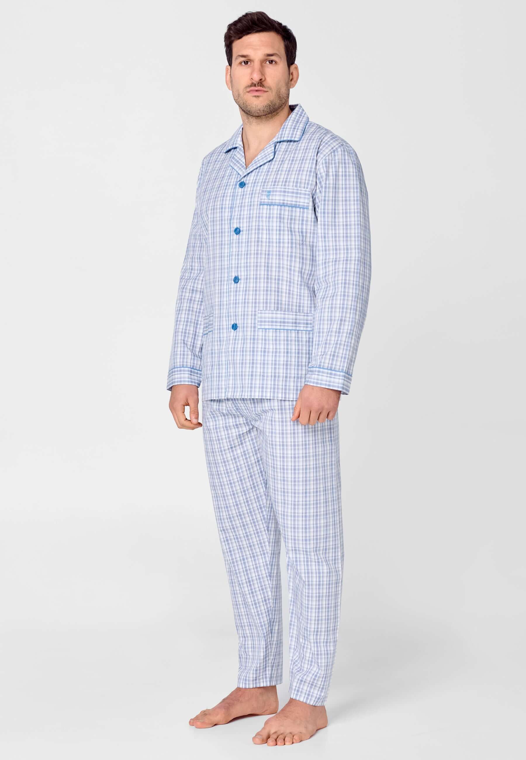 Pijama Hombre Largo Solapa Algodón Popelín Cuadros - Azul de hombre con pijama de cuadros y solapa.