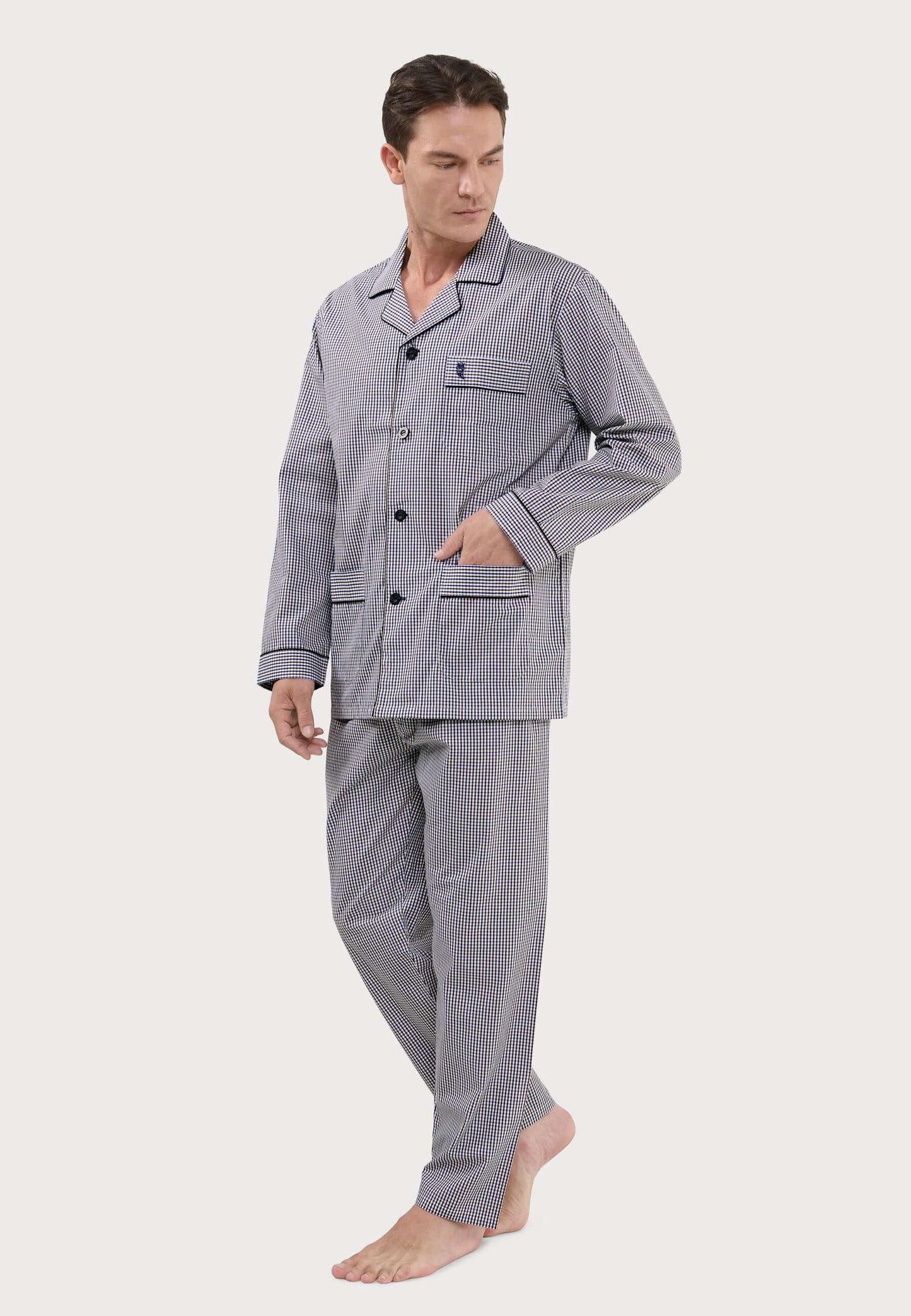 Pijama Hombre Largo Solapa Algodón Popelín Cuadros - Beige 2991_10