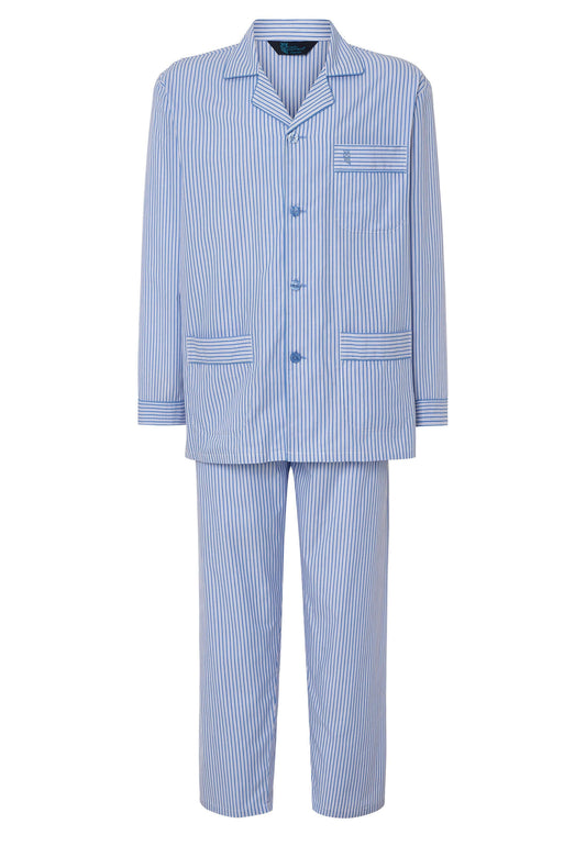 Pijama Hombre Largo Solapa Algodón Popelín Rayas - Azul 2993_36