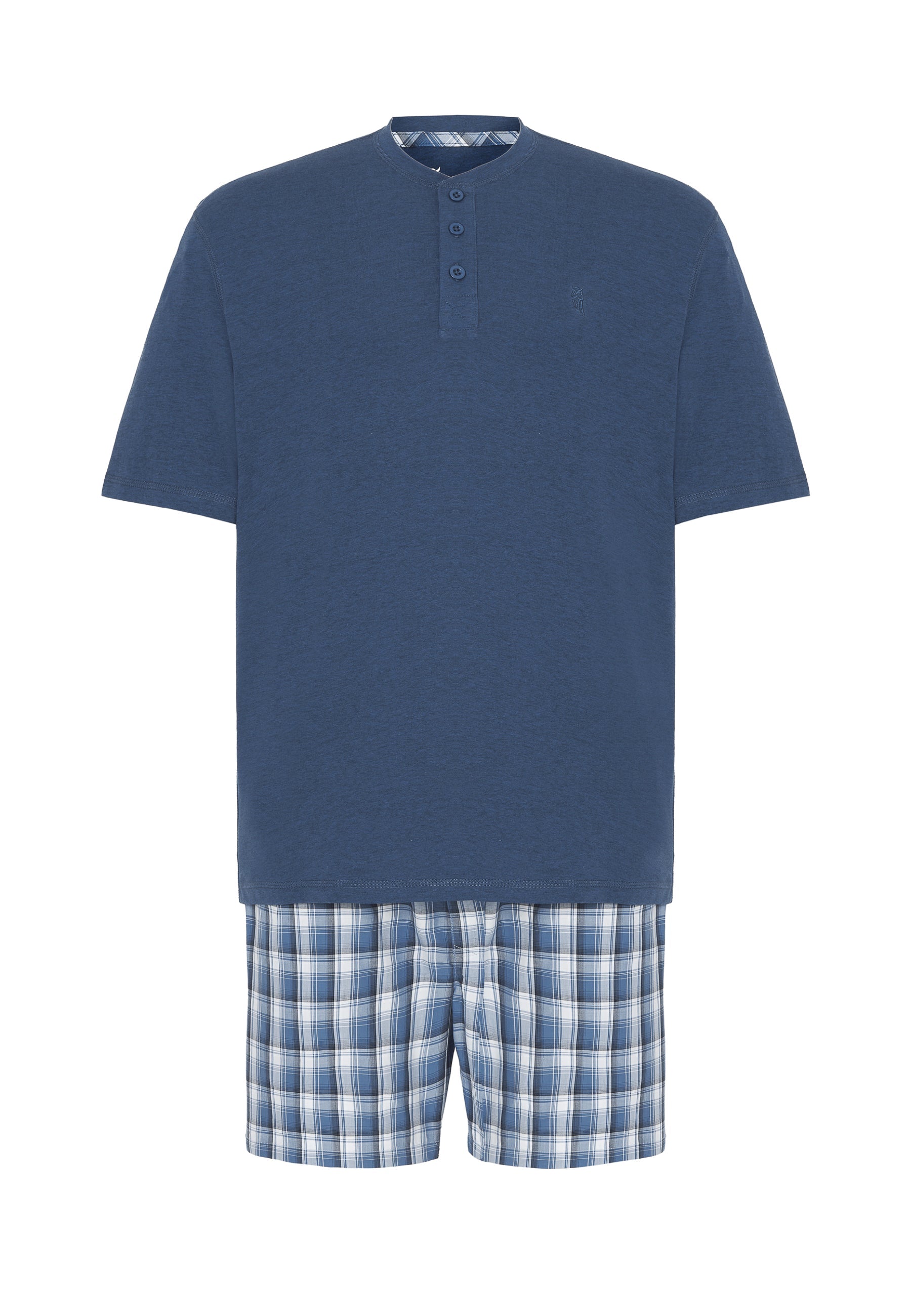 Pijama para hombre azul marino de algodón, camiseta corta con botones y pantalones cortos de cuadros gris y azul.