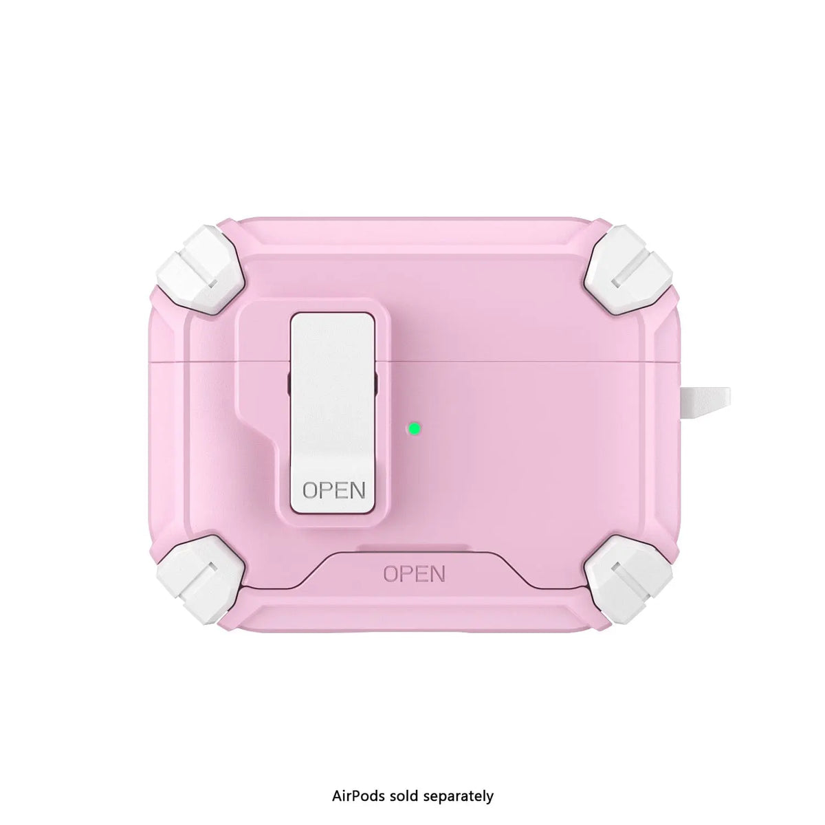 Light pink, heavy-duty AirPods Pro 3 case with white corner bumpers and a secure locking latch mechanism.