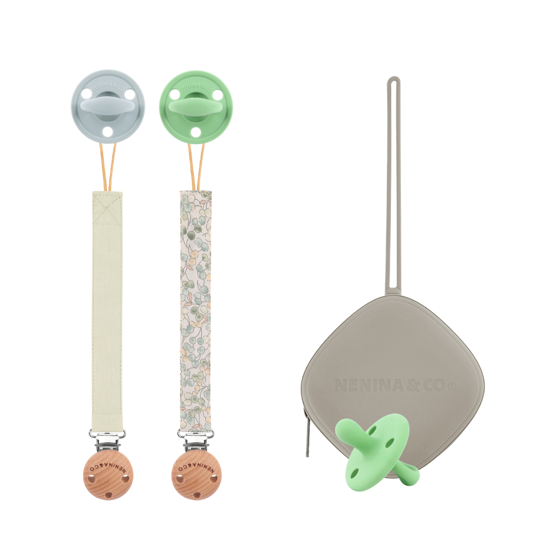Kit Nenina & Co Gris + Oliva | 2 Chupetes + 2 Chupeteros + Guardachupete