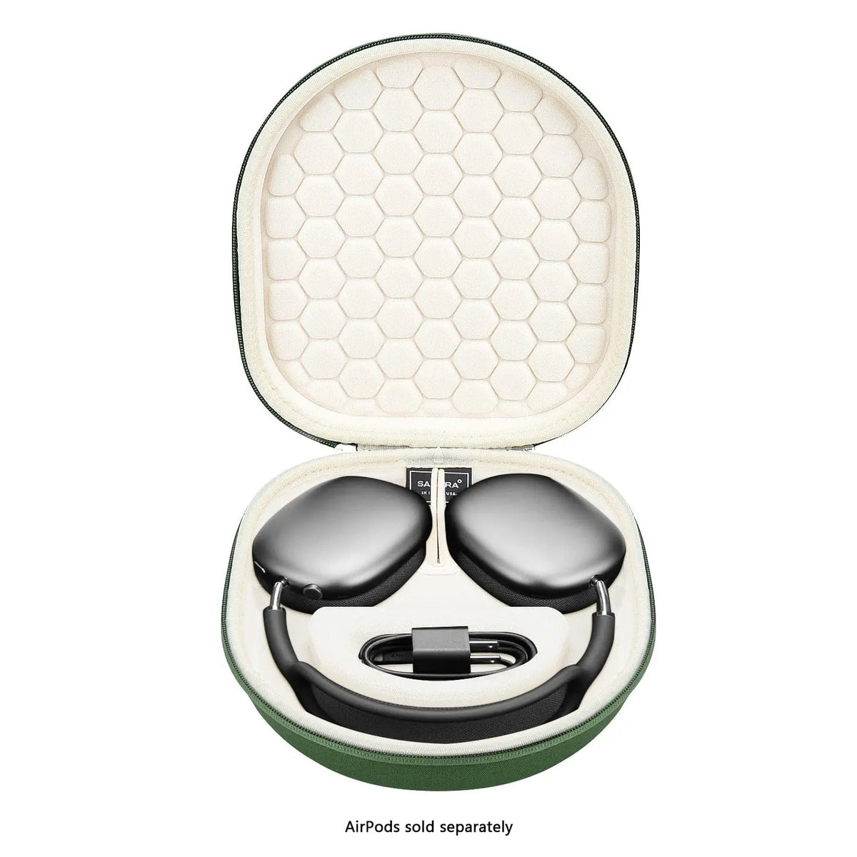 Olive green hard-shell travel case for AirPods Max featuring a beige honeycomb-patterned interior and cable slot.