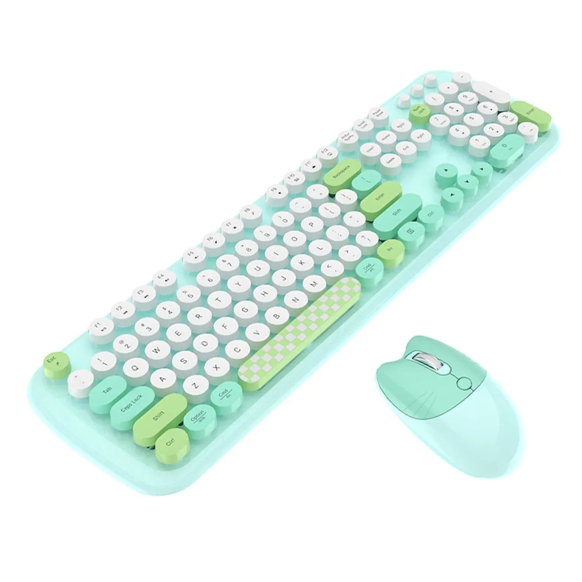 Mint green and white wireless keyboard with round, silent-click keys and a matching ergonomic mouse.