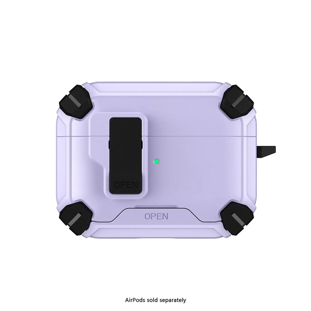 Light purple, rugged AirPods Pro case with black corner bumpers, secure locking latch, and green LED charge light.