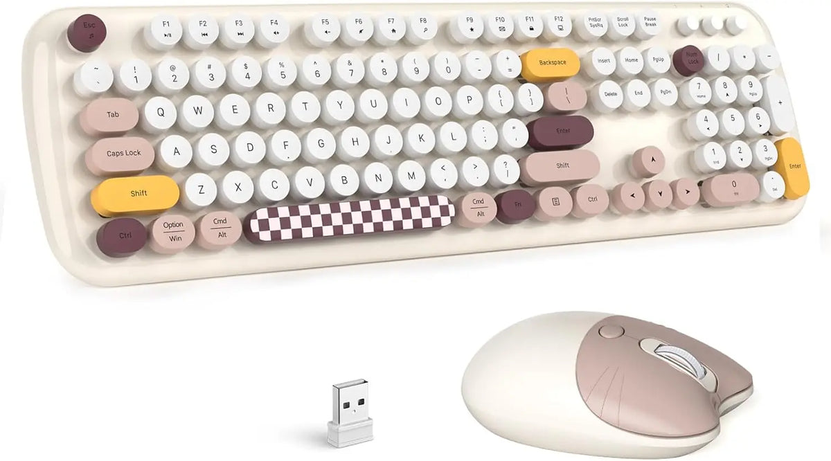Wireless keyboard and mouse combo with a retro, colorful 104-key layout, round keys, and a checkerboard spacebar.