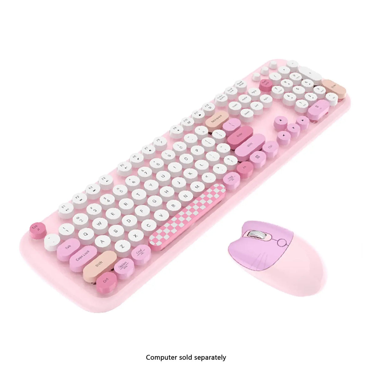 Wireless keyboard and mouse combo in pastel pink and white with round, retro-style keys and a checkered spacebar.