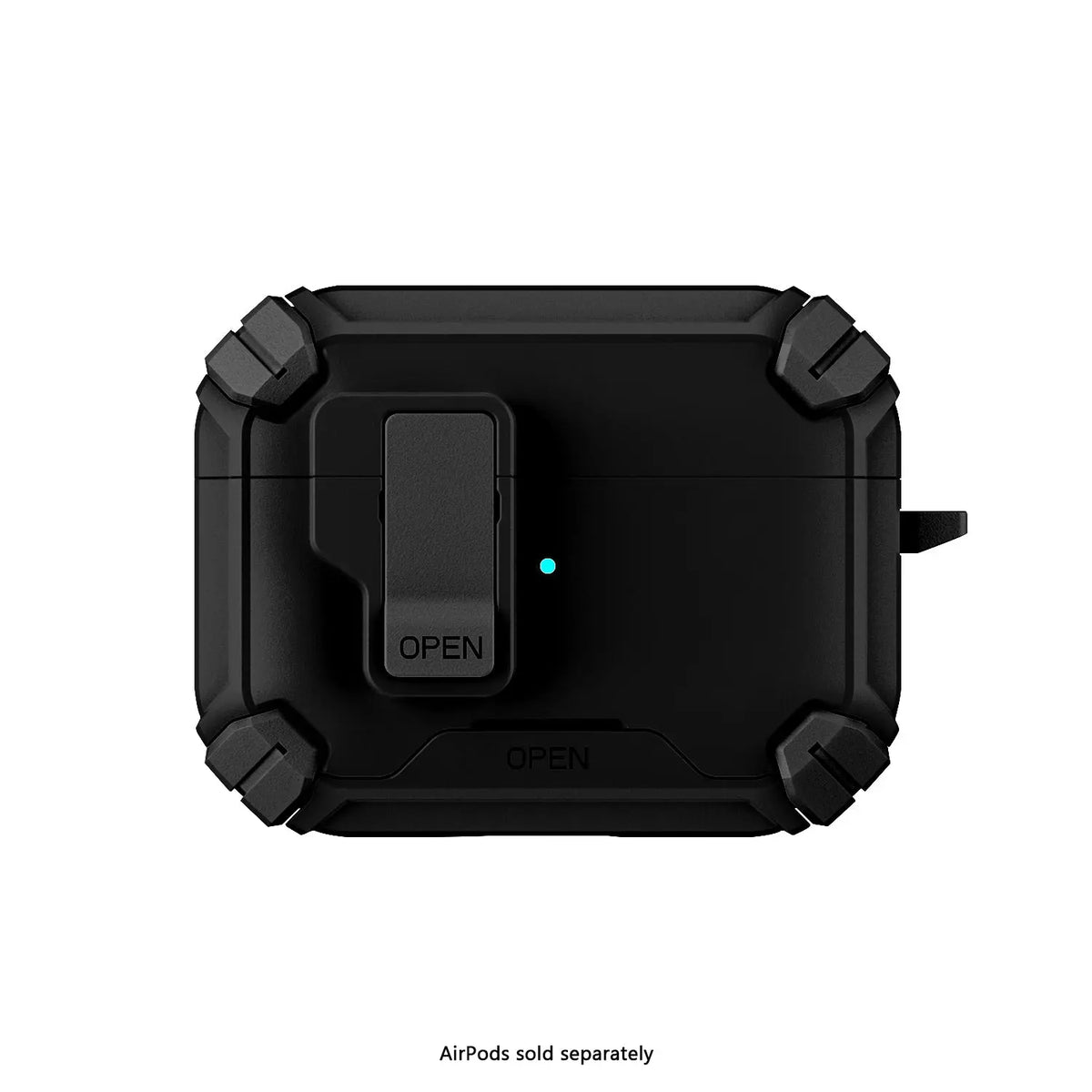 Rugged black AirPods Pro case with corner bumpers, secure latch, and visible charging indicator light.