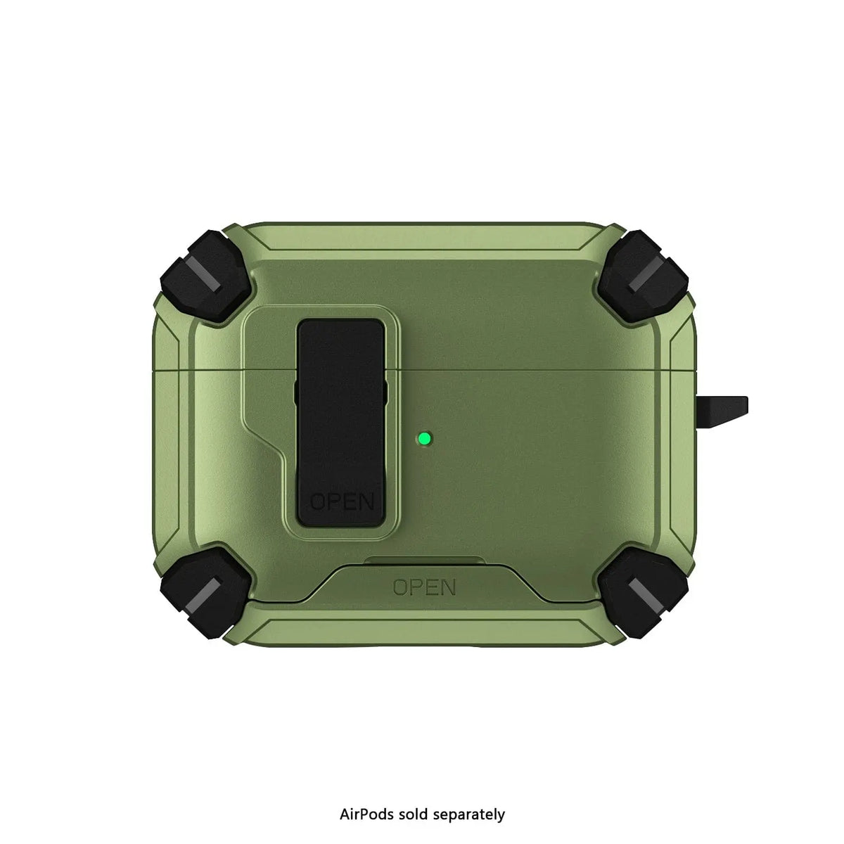 Olive green heavy-duty AirPods Pro case with black corner bumpers, secure locking latch, and a glowing LED indicator.