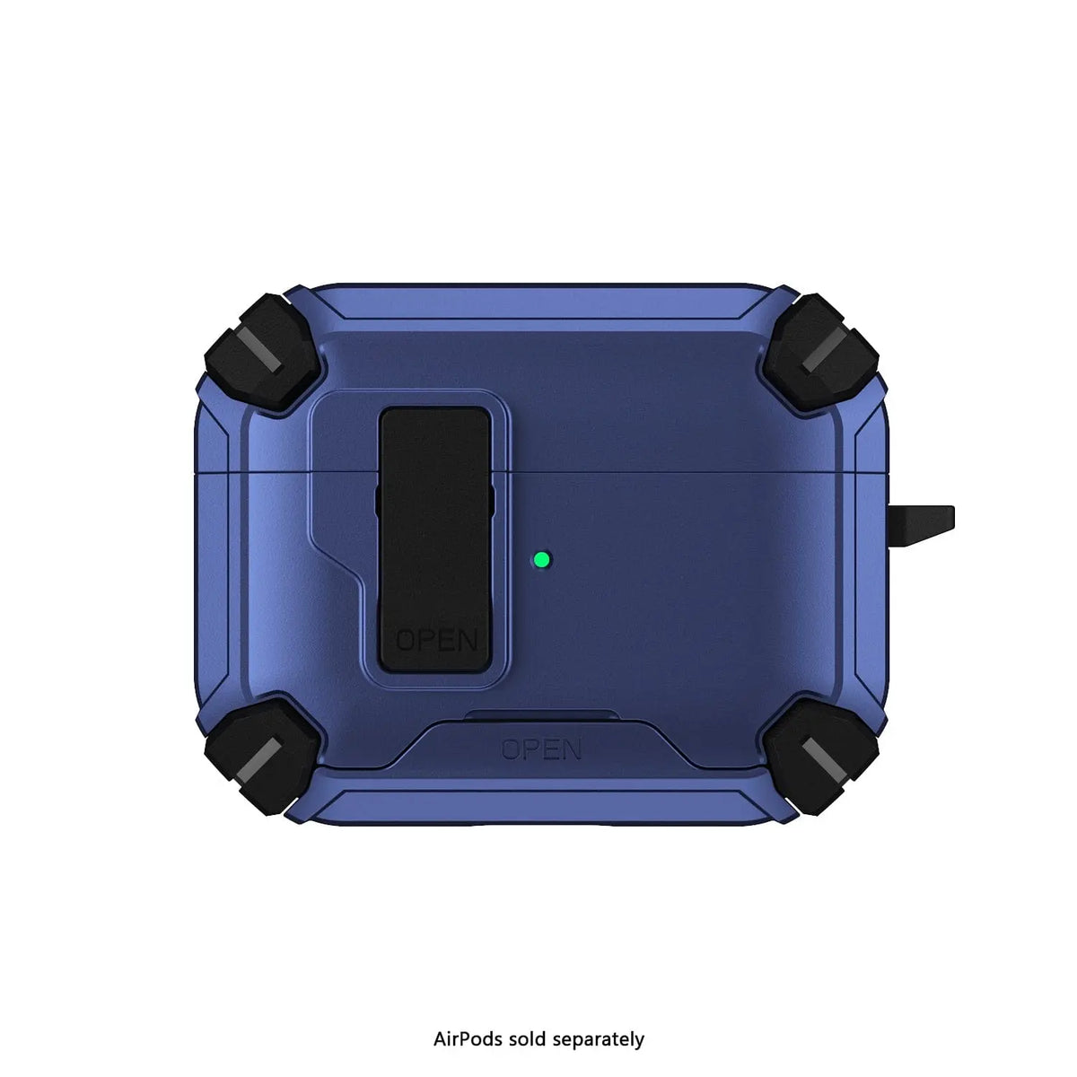 Blue heavy-duty AirPods Pro 3 case with black corner bumpers, secure latch, and visible LED charging indicator.