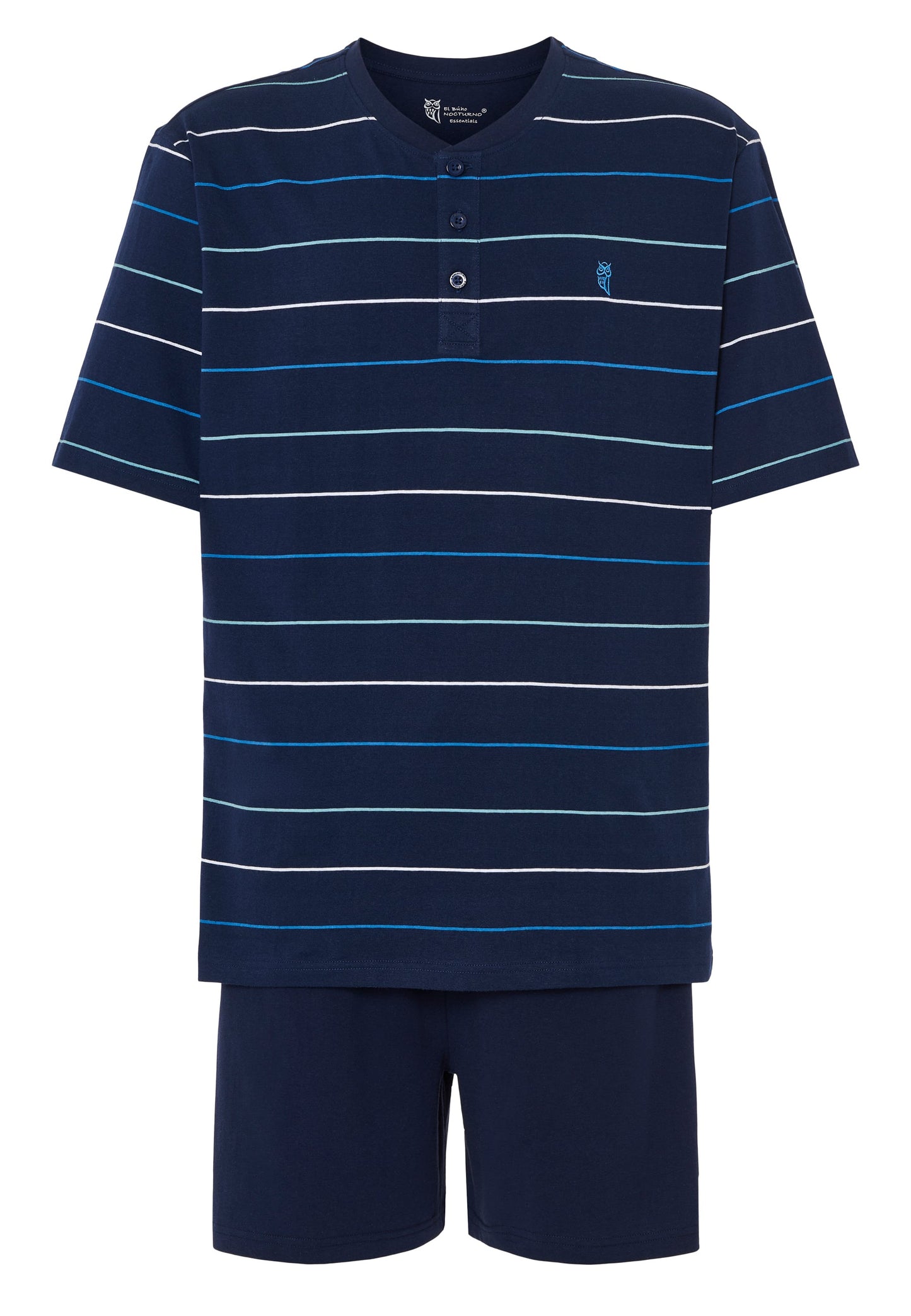 Pijamas de rayas azul marino y azul claro, de algodón suave, estilo casual con pantalones cortos.
