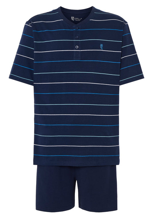 Pijamas de rayas azul marino y azul claro, de algodón suave, estilo casual con pantalones cortos.