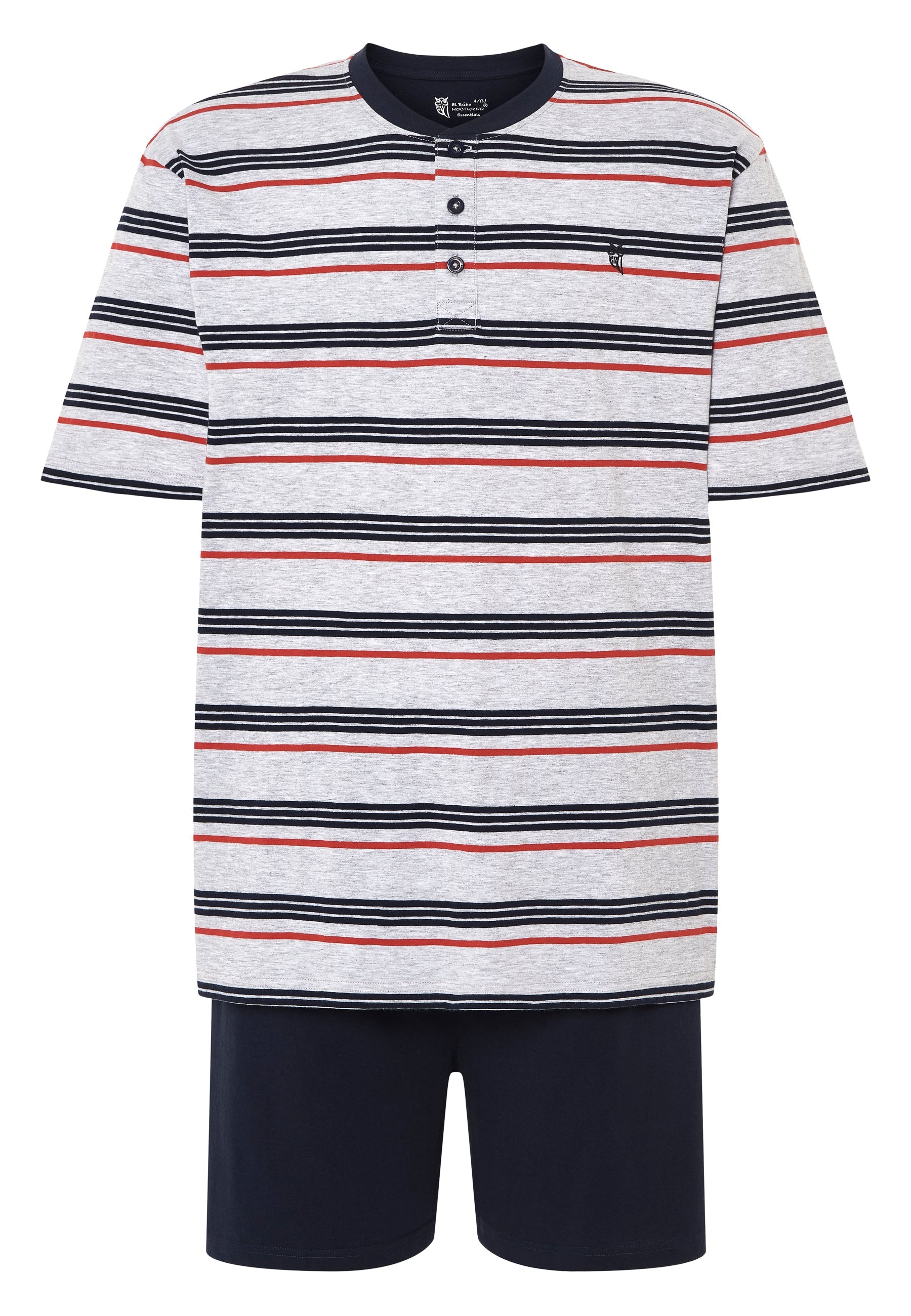Conjunto de pijama de rayas gris y azul marino en algodón, incluye camiseta de botones y pantalones cortos.