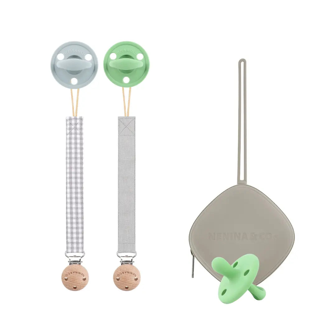 Kit Nenina & Co Gris + Oliva| 2 Chupetes + 2 Chupeteros + Guardachupete