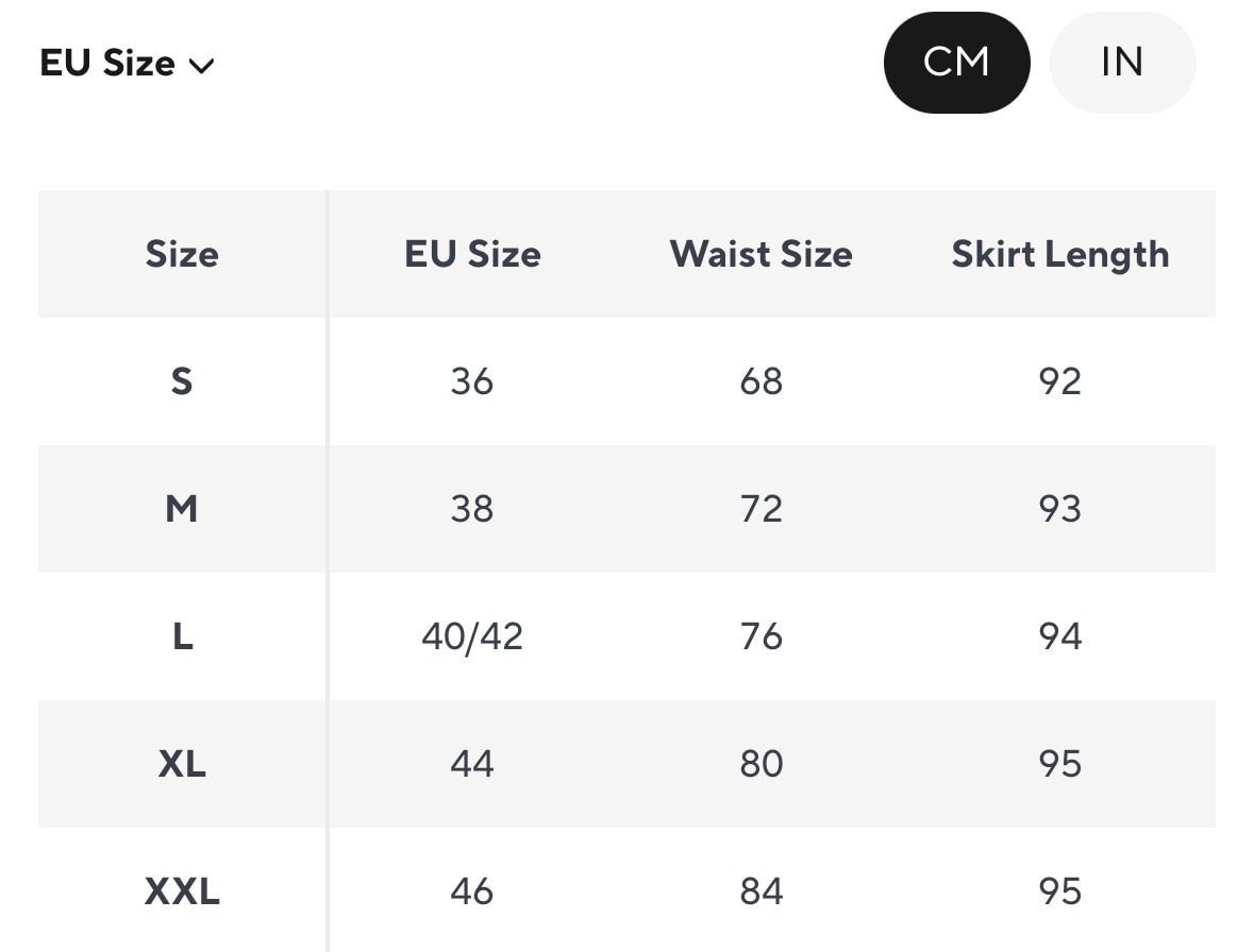 Size chart for maxi skirt displaying sizes S to XXL with corresponding EU sizes, waist measurements, and skirt lengths.
