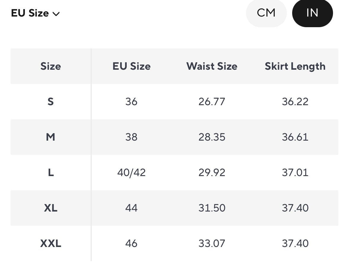 Size chart for cotton maxi skirt, listing EU sizes, waist measurements, and skirt lengths in inches.
