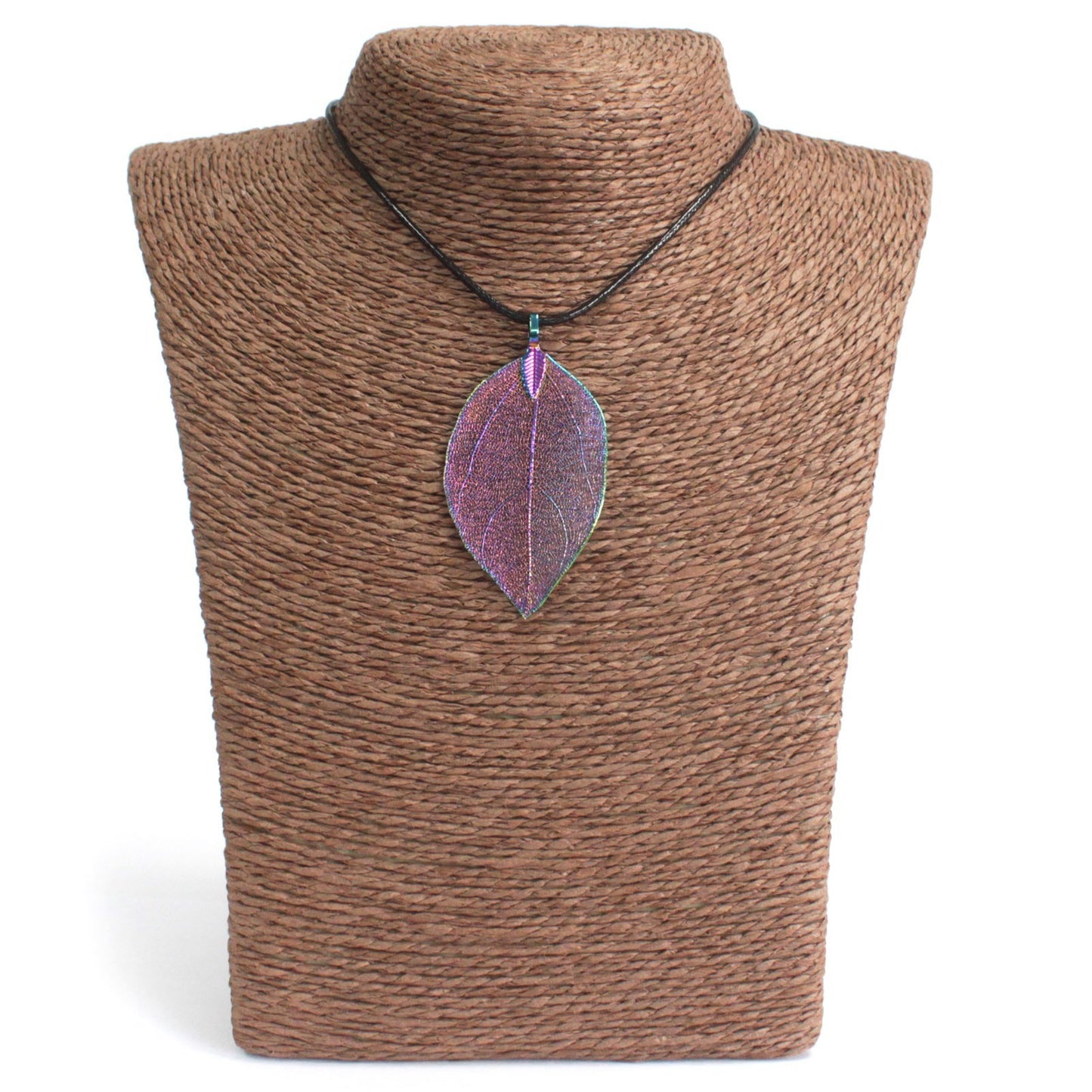 Colorful iridescent leaf pendant necklace on a black cord, perfect for boho-chic styles.