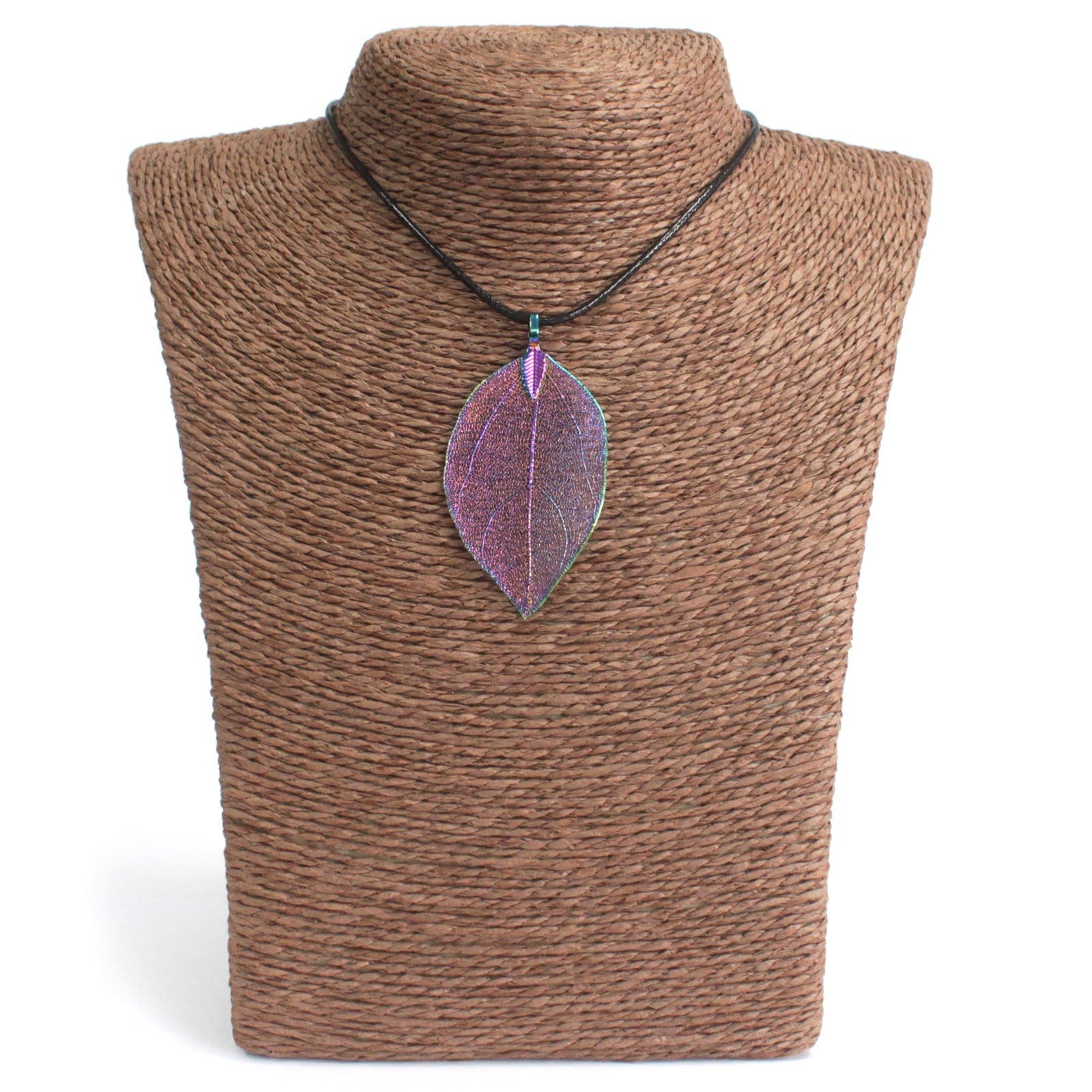 Colorful iridescent leaf pendant necklace on a black cord, perfect for boho-chic styles.