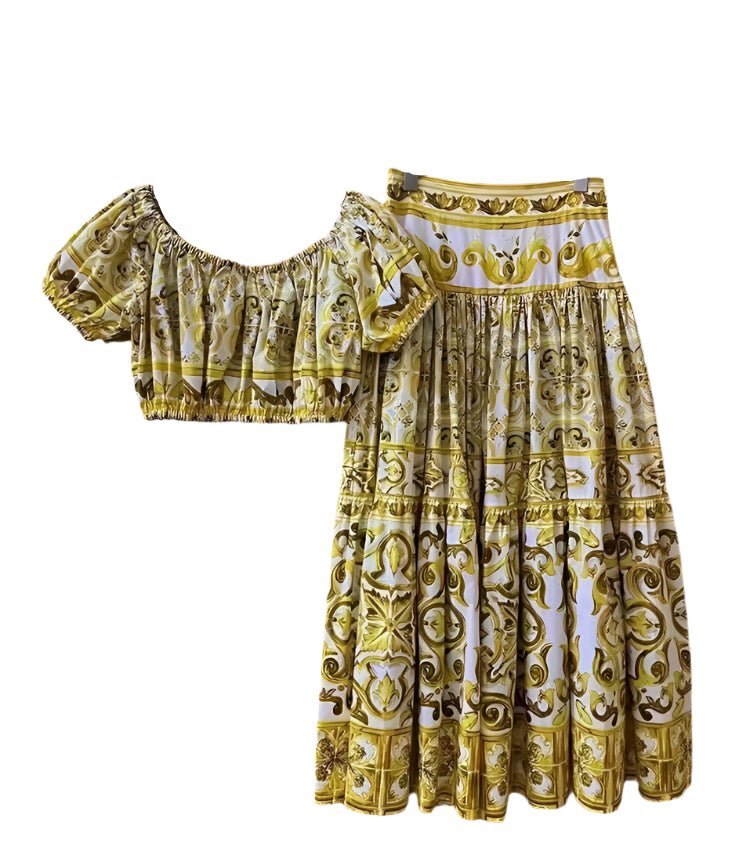 Yellow and white cotton two-piece set with a puff-sleeve crop top and tiered maxi skirt in a baroque tile print.