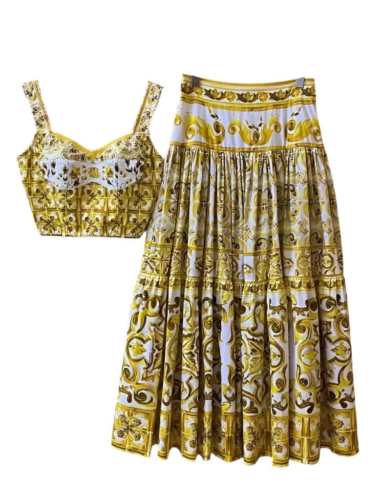 Yellow and white cotton two-piece set featuring a cropped corset top and a tiered maxi skirt with Majolica tile print.
