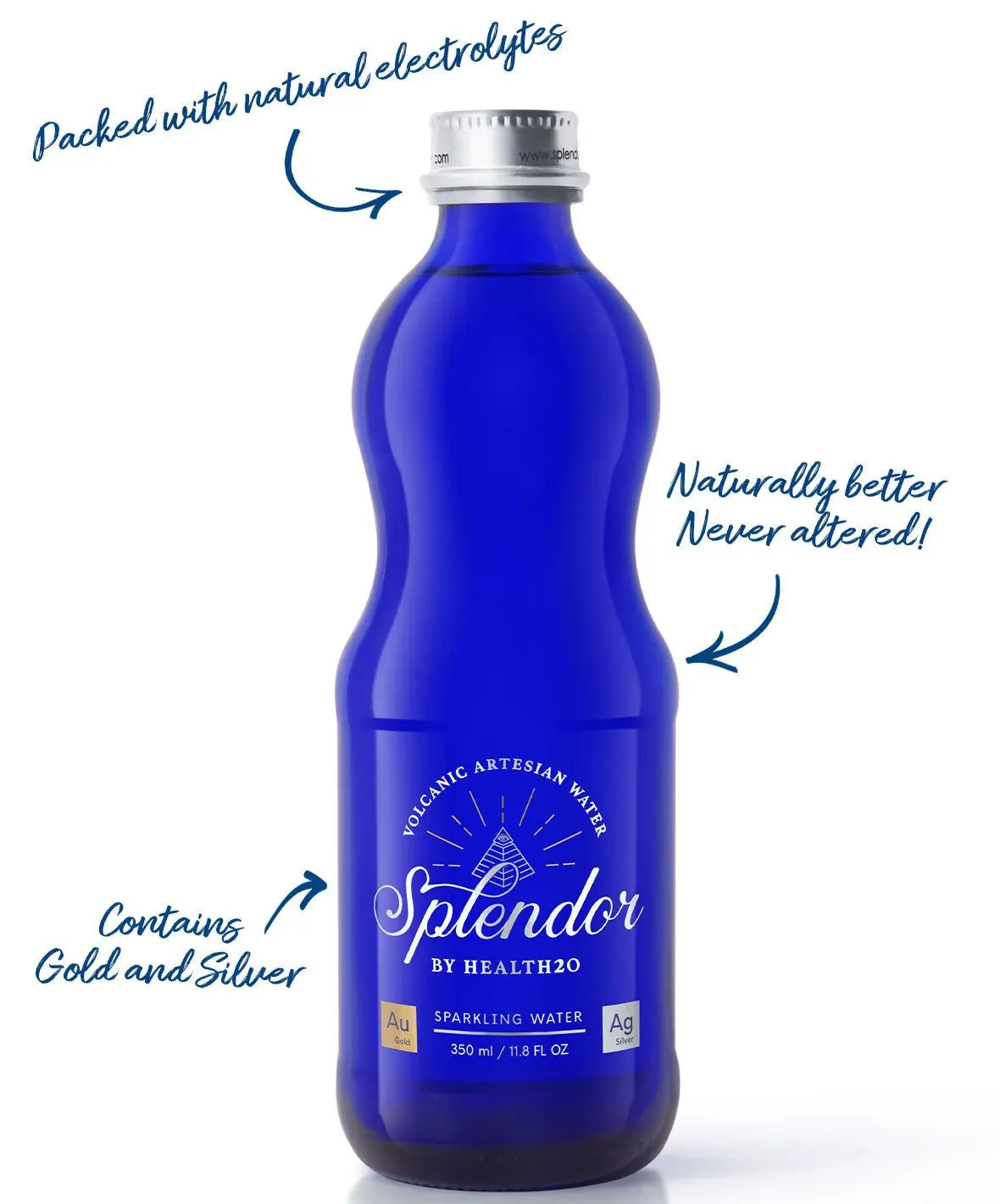 A 350ml blue glass bottle of Splendor sparkling water with a silver cap and a label featuring gold and silver icons.