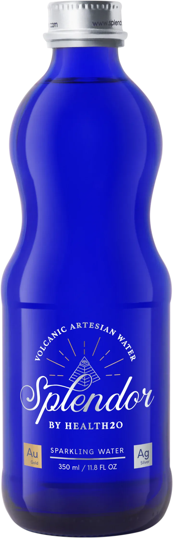 350ml blue glass bottle of Splendor sparkling water with a silver screw cap and pyramid logo label on black background.