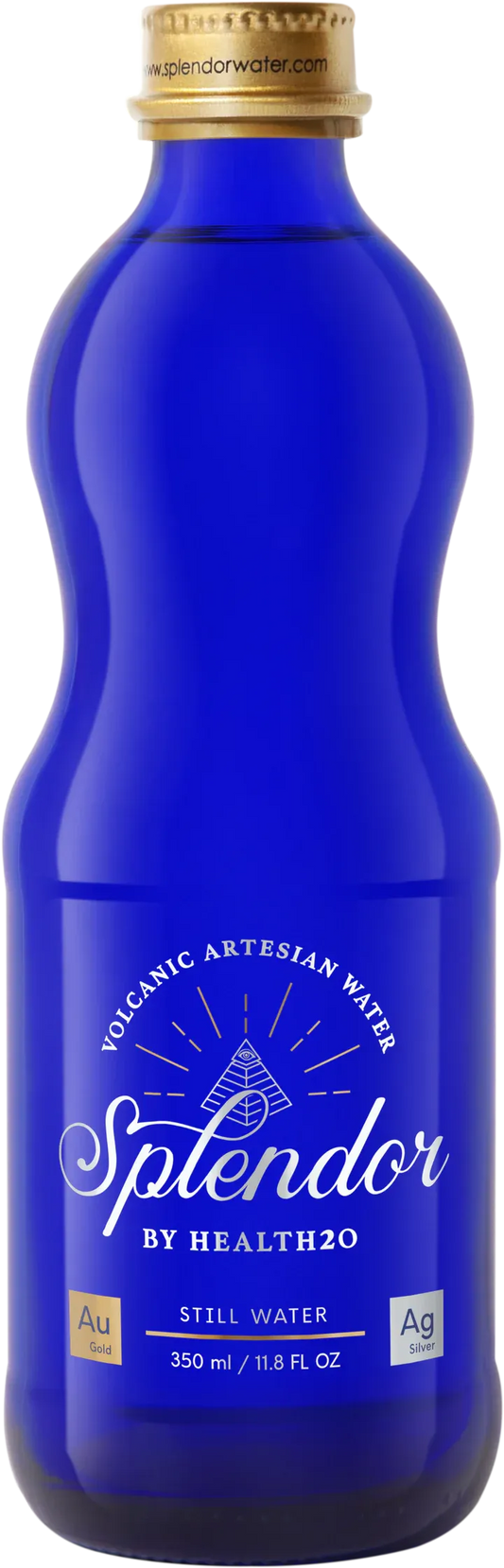 350ml cobalt blue glass water bottle with gold cap, featuring a white pyramid logo and "Splendor" brand label.
