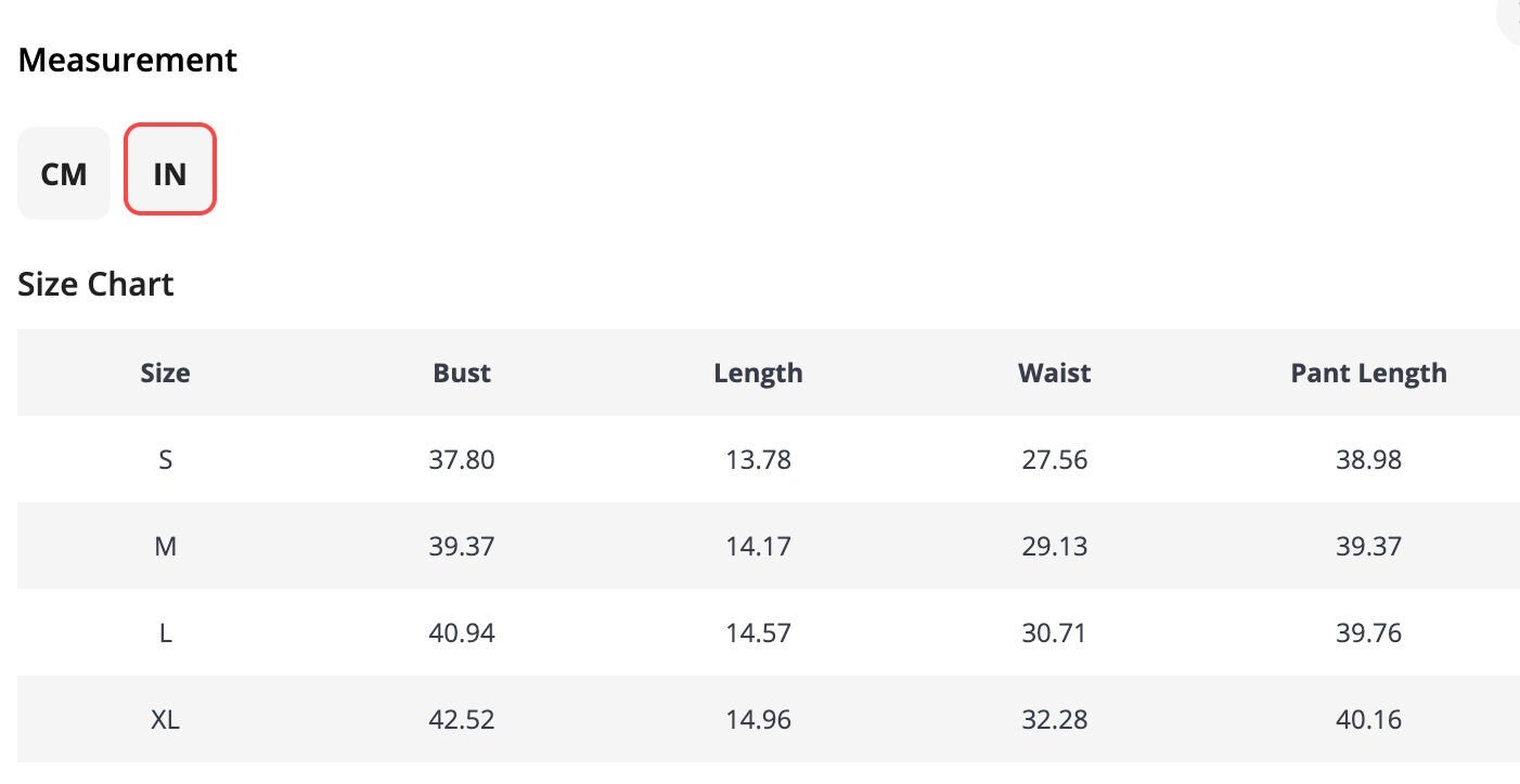 Size chart displaying bust, length, waist, and pant length measurements in inches for sizes small through extra-large.