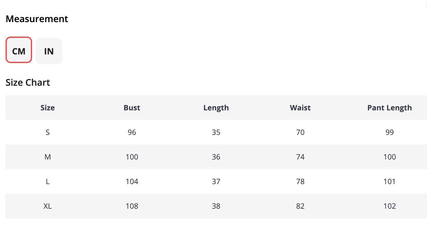 Size chart for clothing with columns for size, bust, length, waist, and pant length in centimeters.