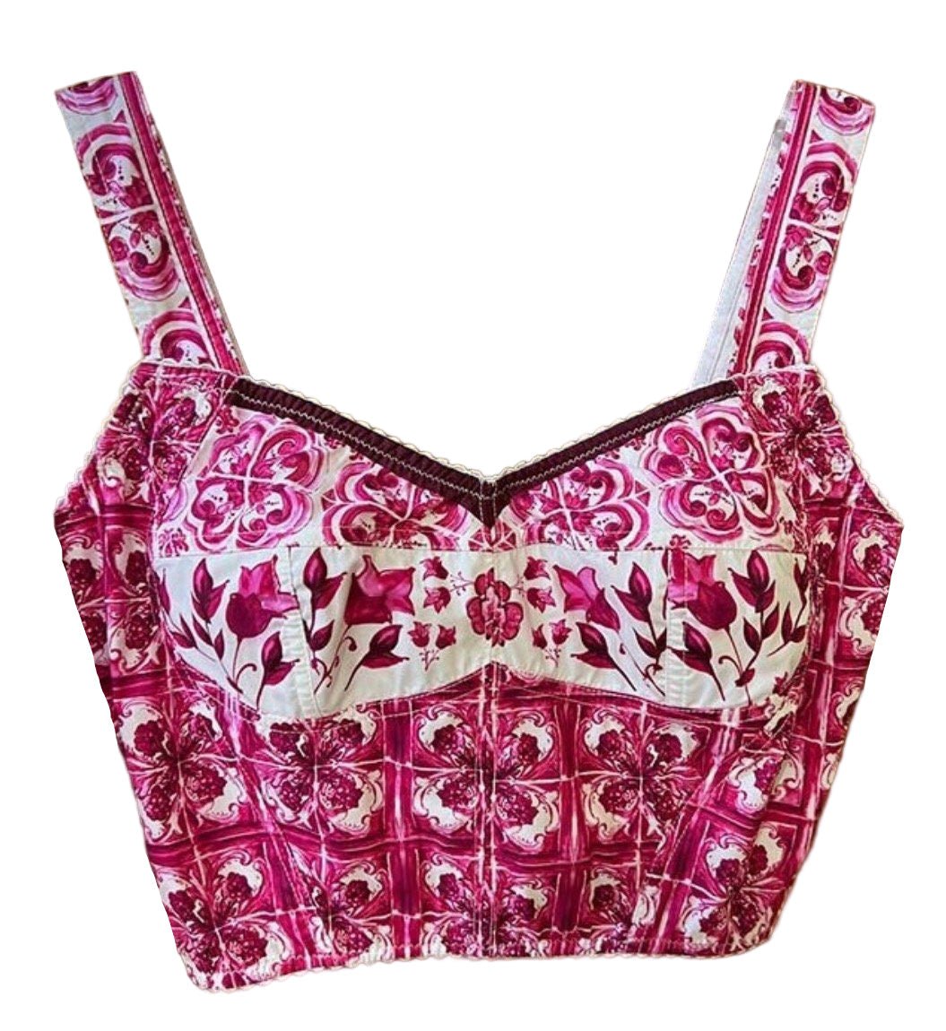 Cotton cropped corset top with a pink and white Majolica print, featuring thick straps and sweetheart neckline.